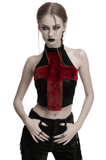 Stylish Halter Cross Fur Top in Faux Leather and Wool